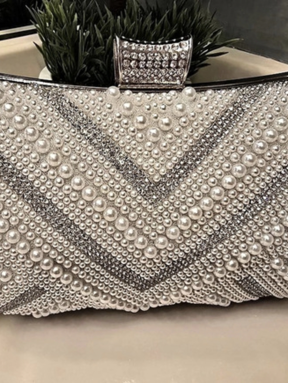 Pearl Clutch in Silver & White